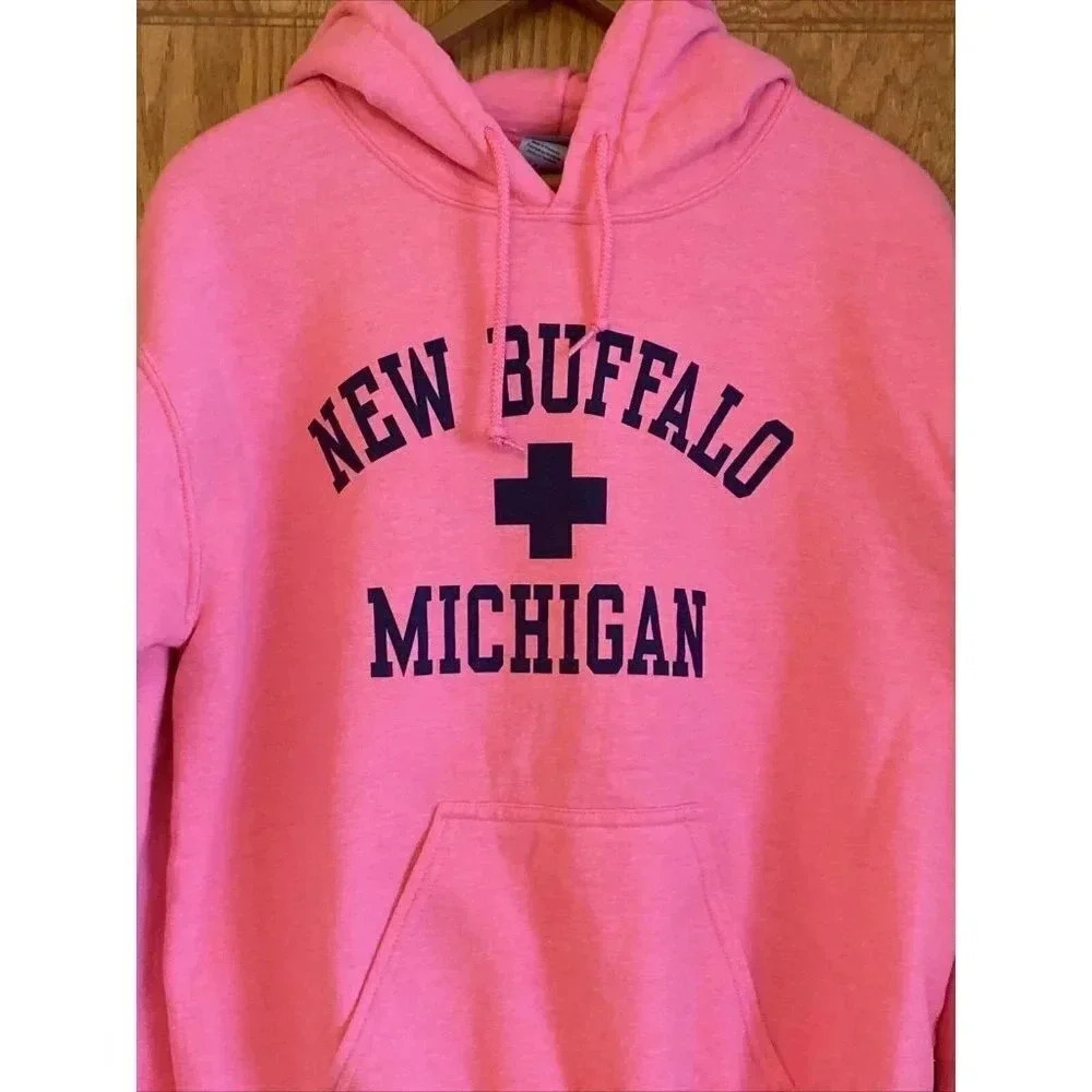 New Buffalo Michigan Beach Duty Adult Small Pink Pullover Hoodie Pocket - Picture 2 of 6